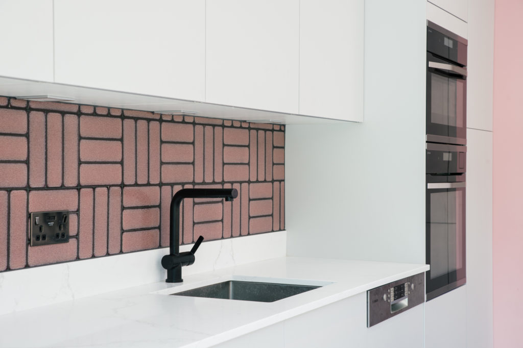 white and pink kitchen design london